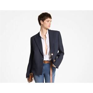 $2190 Michael Kors Women Crepe Sablé Cropped Boyfriend Jacket Dark Blue Size 14